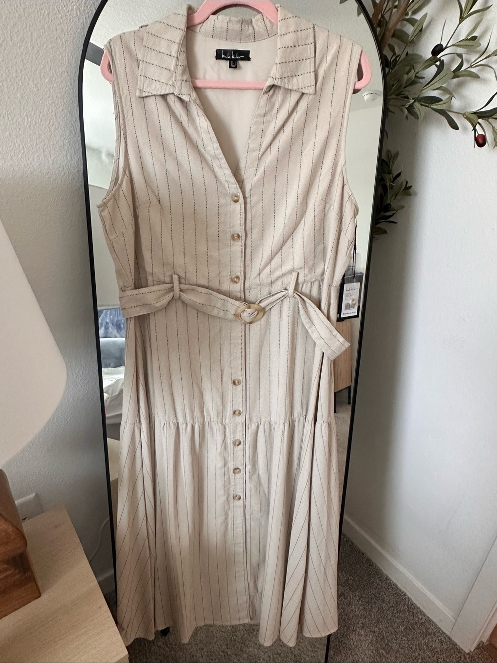 Nicole Miller Sleeveless Cream Striped Maxi Dress with Belt